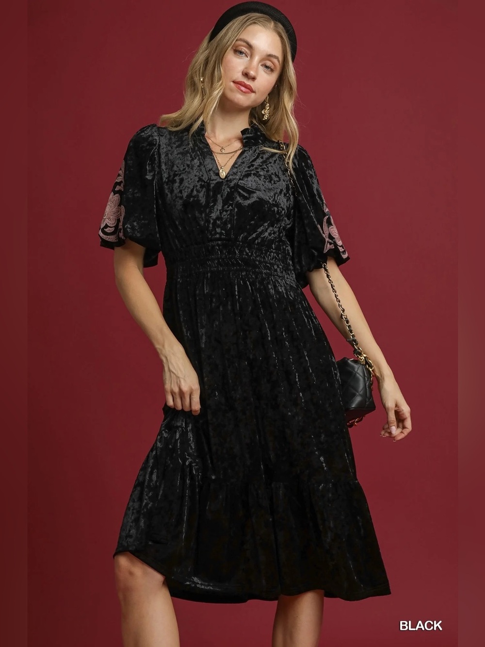 NWT Umgee Black Velvet Midi Dress with Embroidered Sleeves